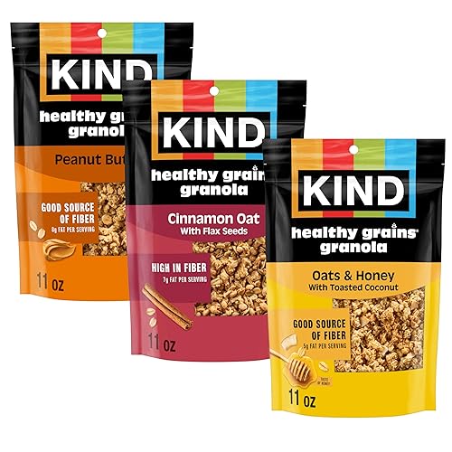 KIND Granola de Granos Saludables, Paquete Variado, Mantequilla de Maní, Avena con Canela, Avena y Miel, Aperitivos Saludables, Sin Gluten, 100%