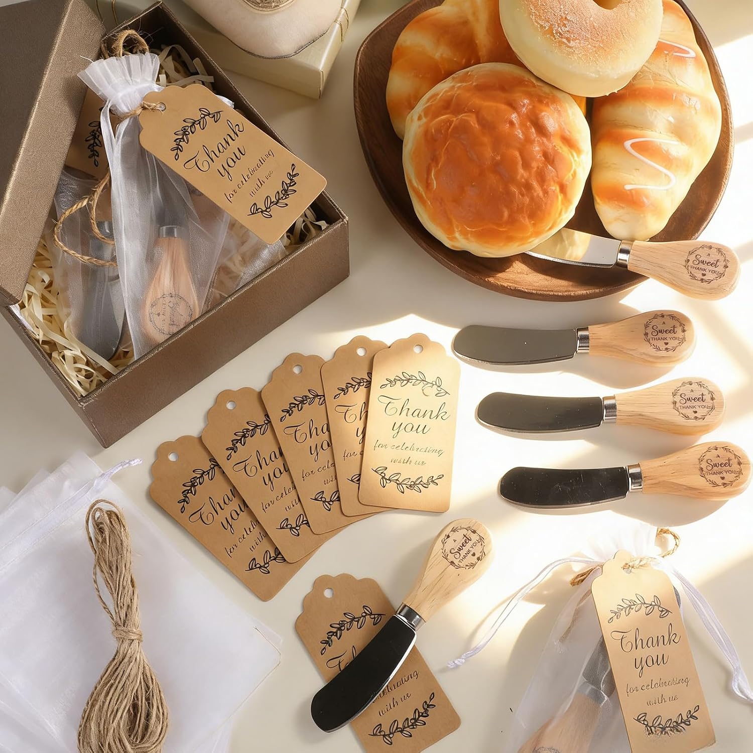 OBUSATT 20 Sets Bridal Shower Party Favors Bulk Butter Spreader Set Bridal Shower Gifts for Guests Stainless Steel Butter Knife with Wood Handle Thank You Cards and Organza Bags Thank You Gifts