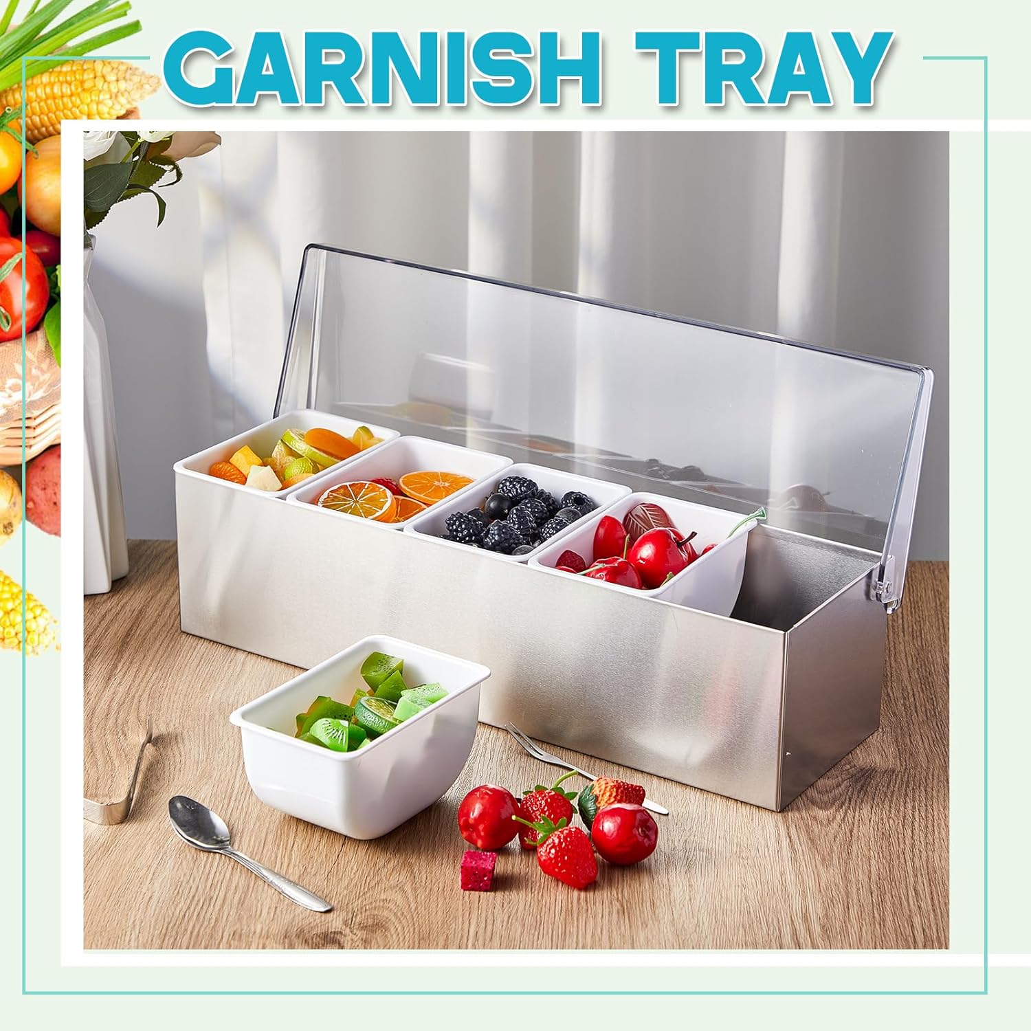 Mifoci 1 Pack Stainless Steel Chilled Condiment Server 5 Removable Slot Toppings Containers with Lid and Bottom Ice Bar Garnish Tray with 9 Silverwares 4 Ice Boxes for Christmas Party, Events and Bar