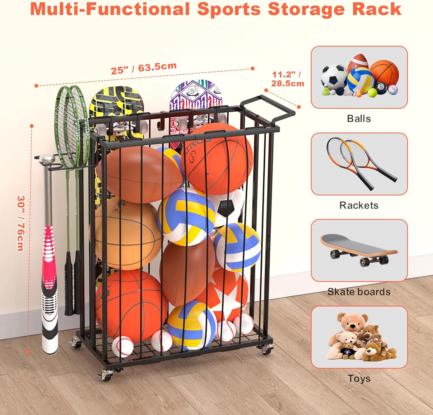 Multi-Functional Sports Storage Rack with Elastic Rope, Movable Racket Holders & Hooks - Heavy-Duty Organizer for Balls, Tennis/Badminton Rackets, Skateboard - Ideal for Garage, Home Gym & Playroom