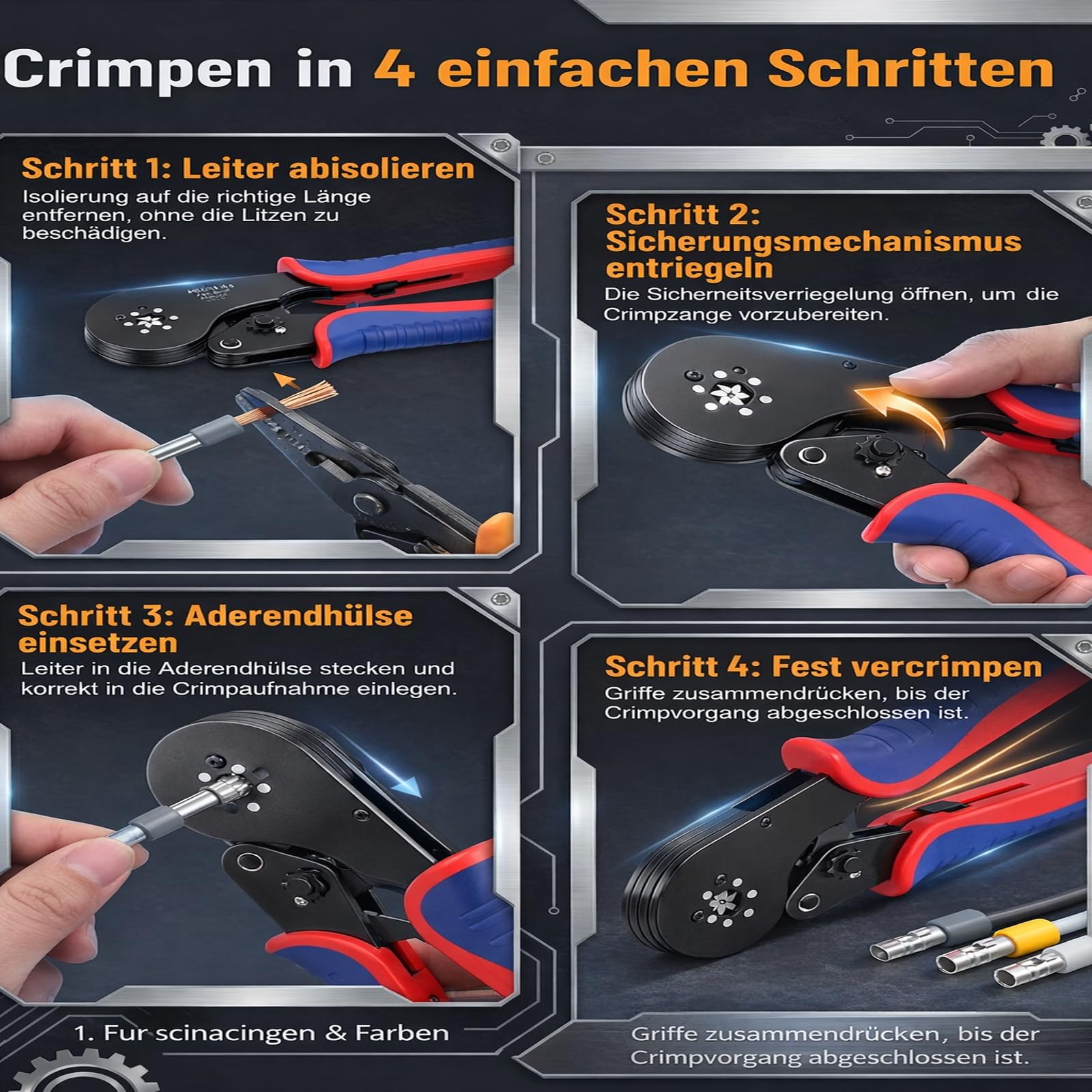 Crimpzangen-Set 0,08–16 mm² mit 1500 Aderendhülsen | Selbsteinstellend; gehärteter Stahl; für Einzel- und Doppeladerendhülsen; Elektroinstallation und Schaltschrankbau