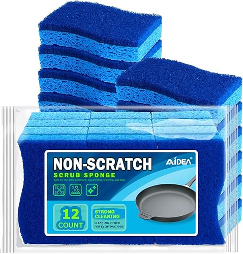 AIDEA Non-Scratch Scrub Sponge Pack of 12, Dual-Sided Dishwashing Sponges, Cleaning Sponge, Cleans Fast Without Scratching, Stands Up to Stuck-on Grime, Cleaning Power for Everyday Jobs - Non-scratch Sponge - 12 Count (Pack of 1)