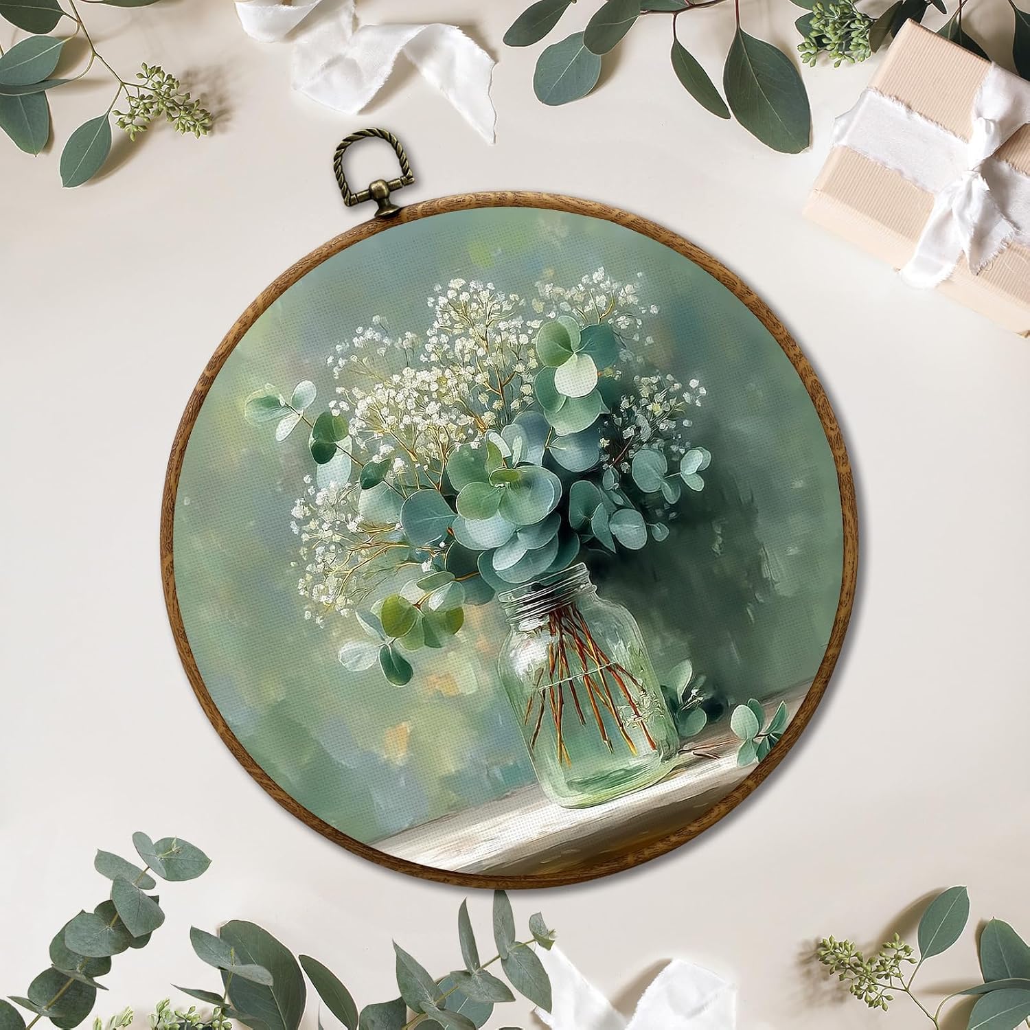 JUIOEIU Vintage Eucalyptus Floral Round Wall Decor, Sage Green Eucalyptus Botanical Framed Canvas Prints, Farmhouse Country Wall Art Hanging Decorations for Home Bedroom Bathroom Decor, 10x10in image 3