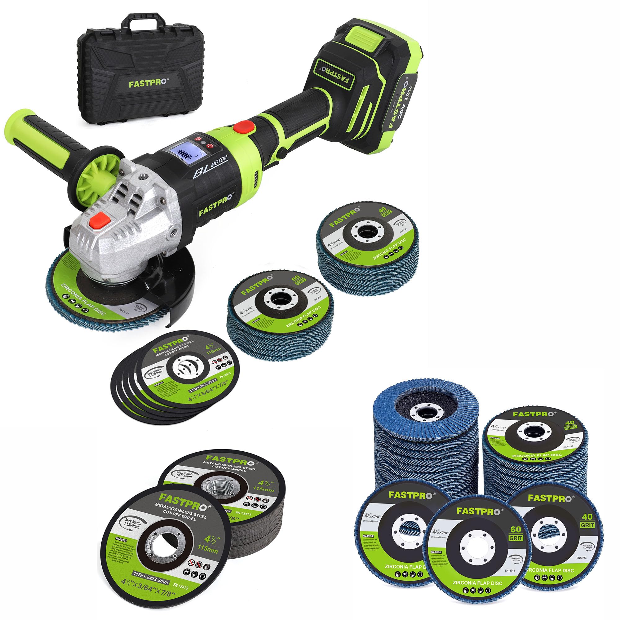FASTPRO 20V Cordless Angle Grinder,Including 40pcs Flap Discs and 35pcs Cutting Wheels