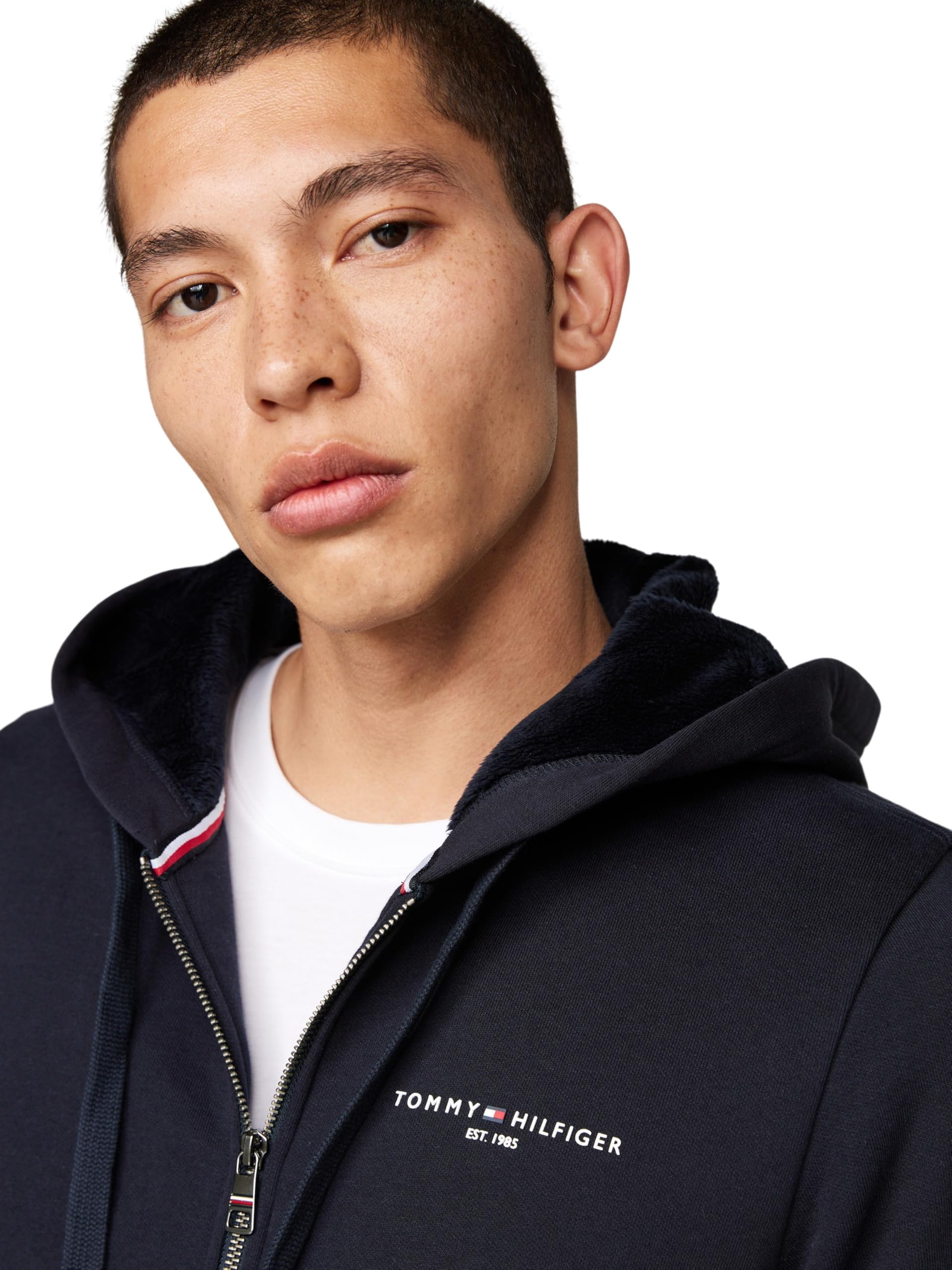 Tommy Hilfiger Męska bluza z kapturem TOMMY LOGO FUR LINED MW0MW37245, zapinana na zamek błyskawiczny, niebieska, XXXL, Niebieski (pustynne niebo), 3XL duże rozmiary