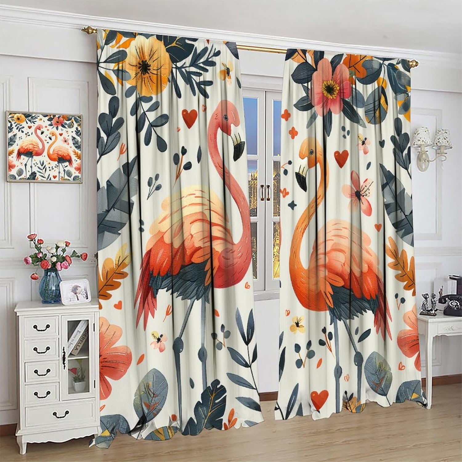 Cartoon Flamingo Flower Blackout Curtains for Bedroom Living Room, Rod Pocket Tropical Plant Floral Bird Curtains Thermal Insulated Window Drapes 2 Panels, Each 21W x 63L