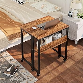 GreenForest Folding Desk 63 cm with Storage Shelf and Wheels, Brown