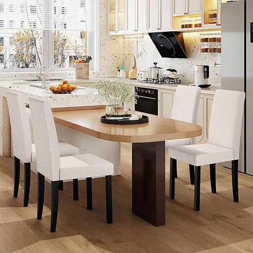 Miniatura 4 de COSTWAY Juego de 4 sillas de comedor, sillas laterales de cocina tapizadas de tela sin brazos con patas de madera de goma, asiento acolchado y