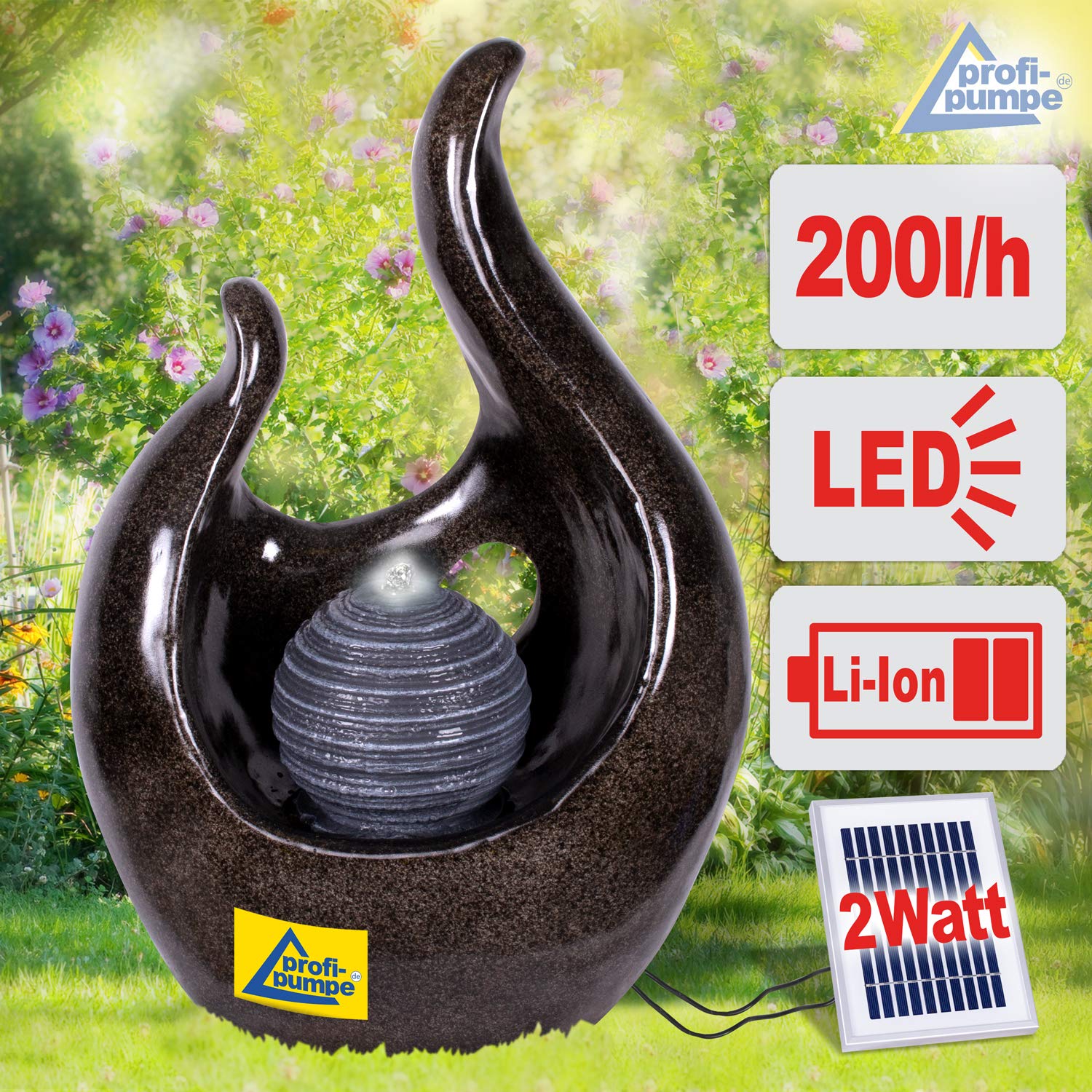 Fontana solare da giardino, fontana decorativa a energia solare, a cascata, da giardino, per terrazza, balcone (fontana solare con batteria agli ioni di litio, luce LED)