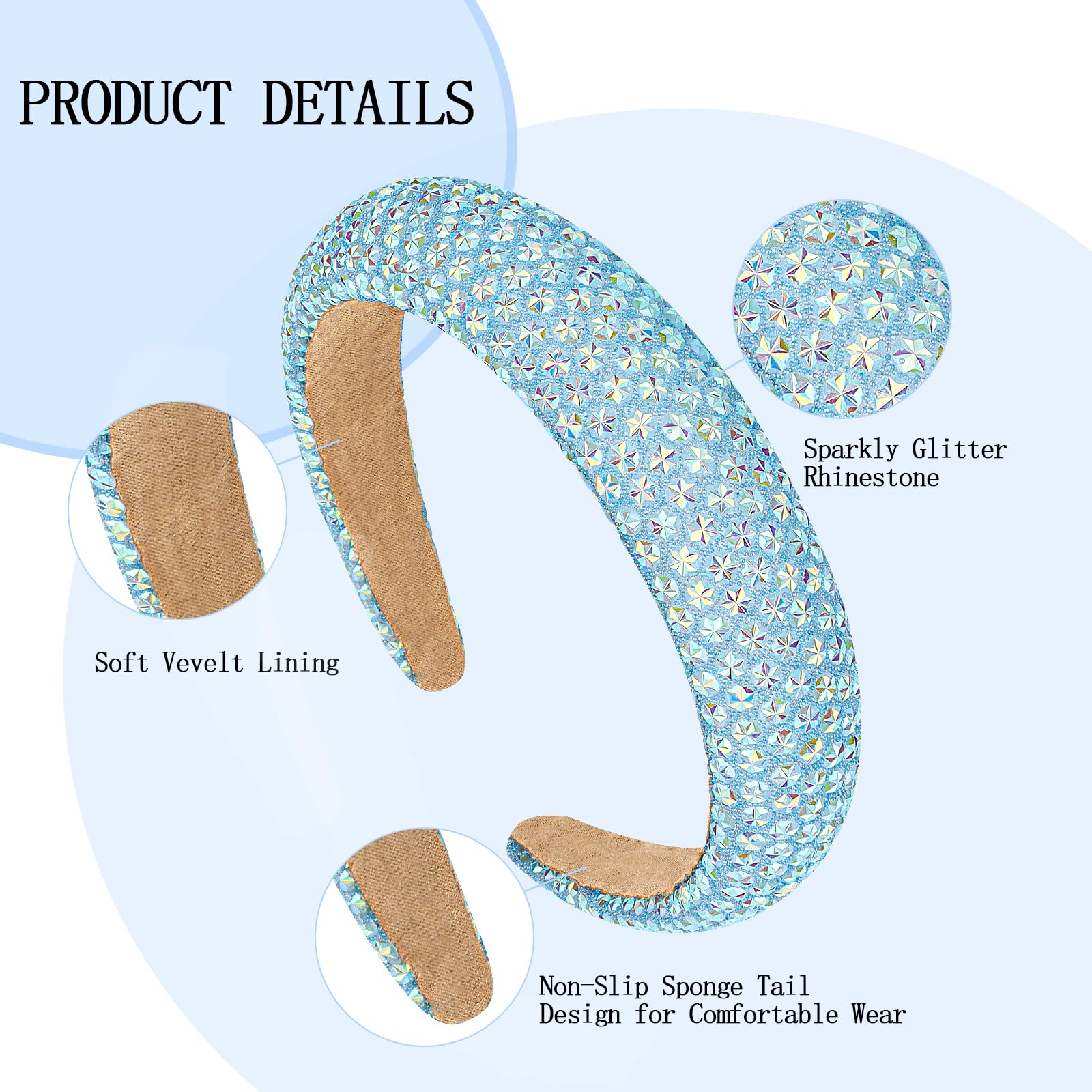 CAVETEE Fascia per capelli da donna, con strass, luccicante, per donne e ragazze, larga, antiscivolo, blu, accessorio per capelli per donne e ragazze
