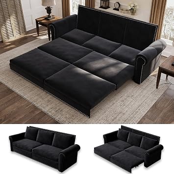 93.7 Sleeper Sofas Bed King Size, Velvet Pull Out Couches Bed, Black | 3 in 1 Convertible Couches for Living Room & Apartment, Soft Velvet Upholstery Chaise Lounge, Retro Recliner for Offices