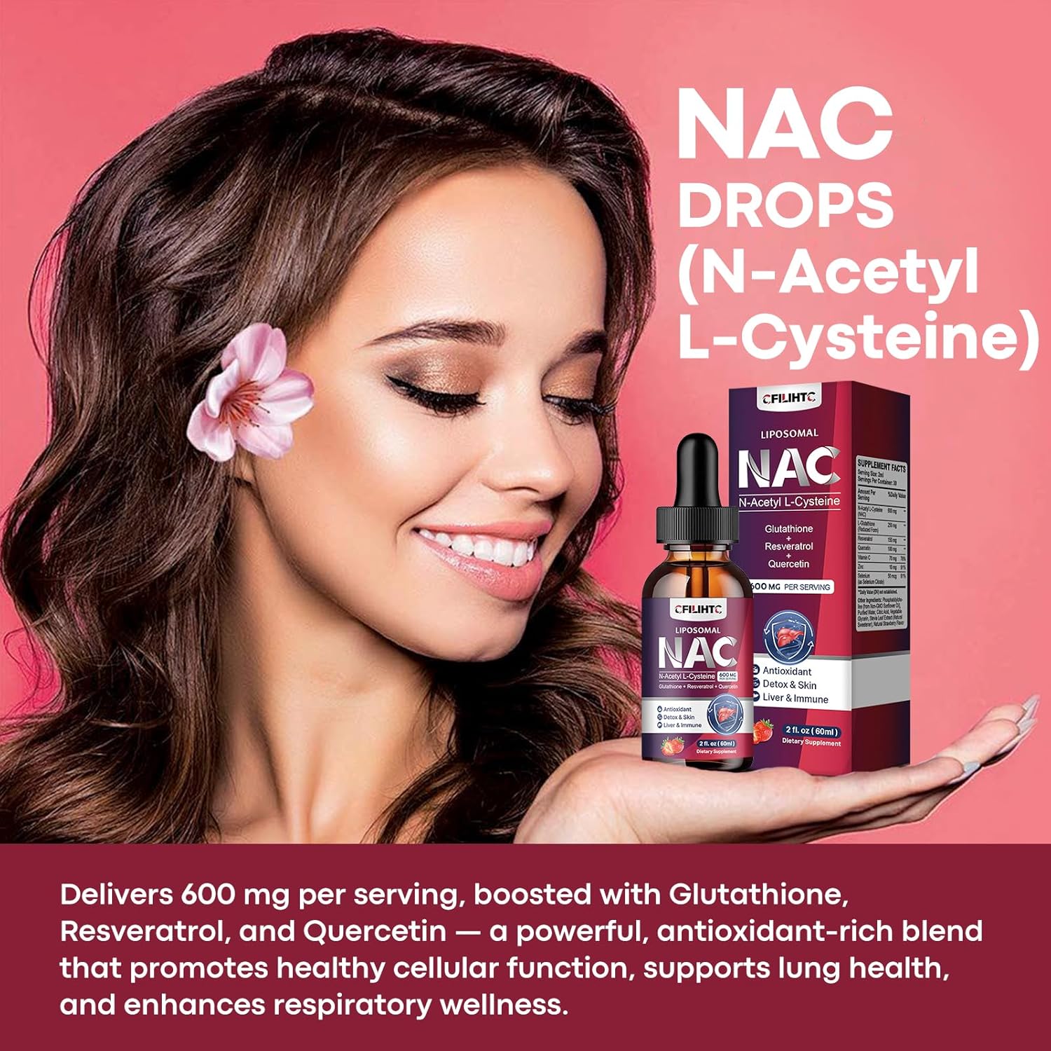 Liposomal Liquid NAC Supplement N-Acetyl Cysteine Drops, N Acetyl Cysteine 600mg with Glutathione, Resveratrol & Zinc for Adults & Kids Liver Lung Antioxidant Immune & Skin Health, Strawberry 2 Fl Oz - Image 4