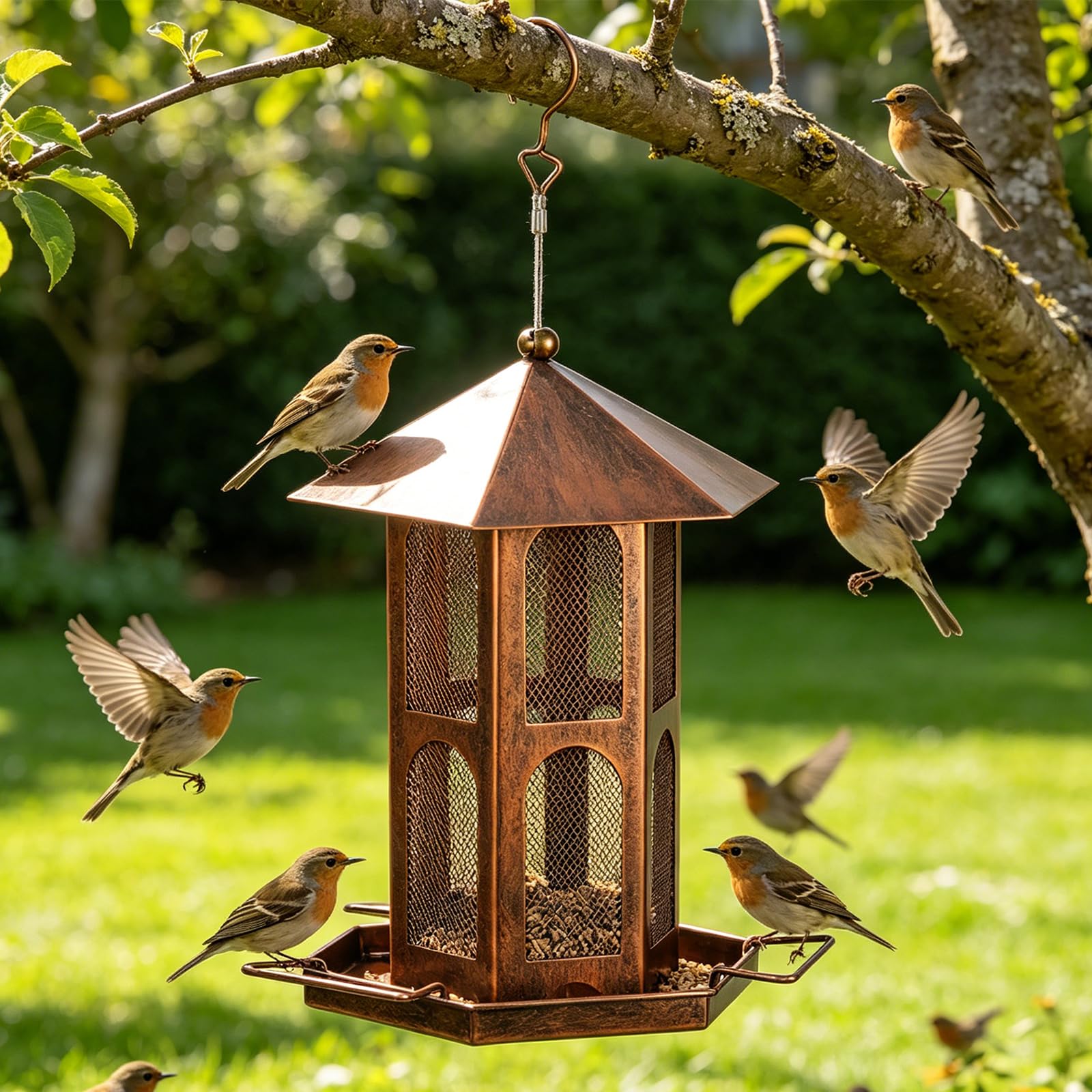 Mangiatoia per uccelli in rete per l ' alimentazione degli uccelli selvatici, supporto per alimenti sospeso con tetto e vassoio per trespolo per alberi da giardino o da patio, 19 cm / 7, 48 X 25