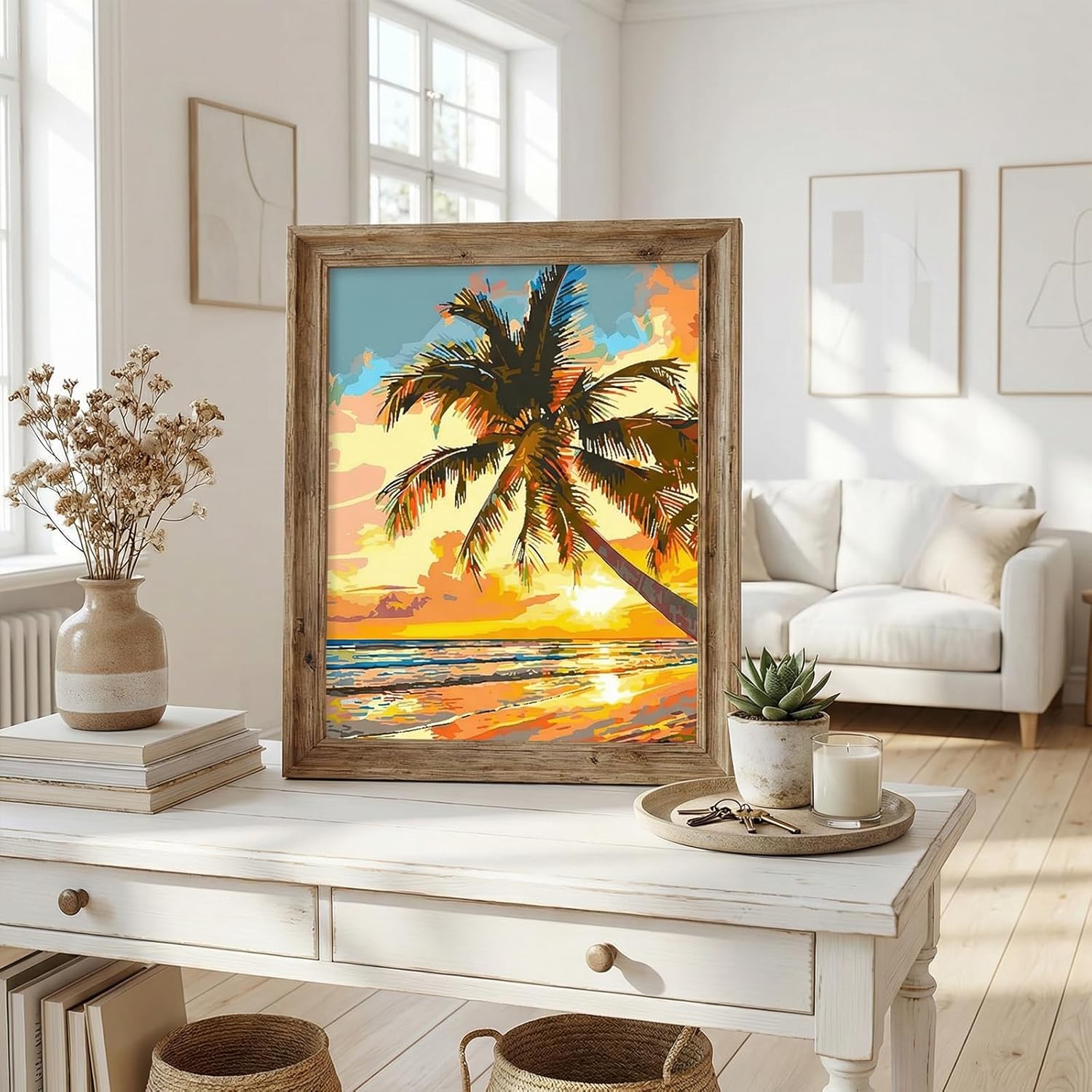 Ninonly Paint by Numbers Kit for Adults with Framed Canvas 4 Pack, Beach Paint by Number Arts Kits for Beginner with Wooden Easel, Acrylic Set, Brushes for Home Decor, 9 * 12 Inch