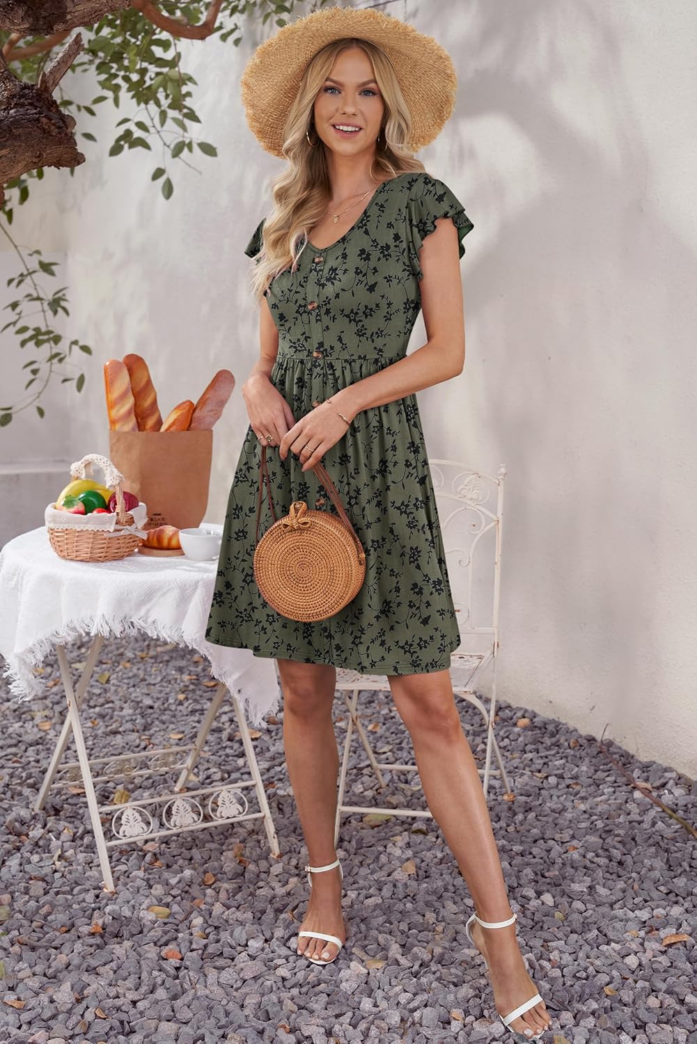 WNEEDU Summer Dresses for Women 2026 Casual Loose Cap Sleeve Sundress Swing Button Down Dress Beach Vacation Travel Outfit
