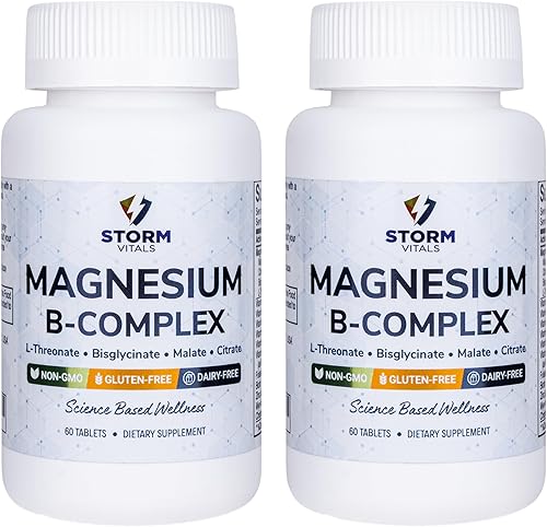 Magnesio + Complejo B - L-treonato, malato, citrato, bisglicinato - B1, B2, B3, B5, B6, biotina, folato, B12 - con colina y zinc - 60 tabletas de