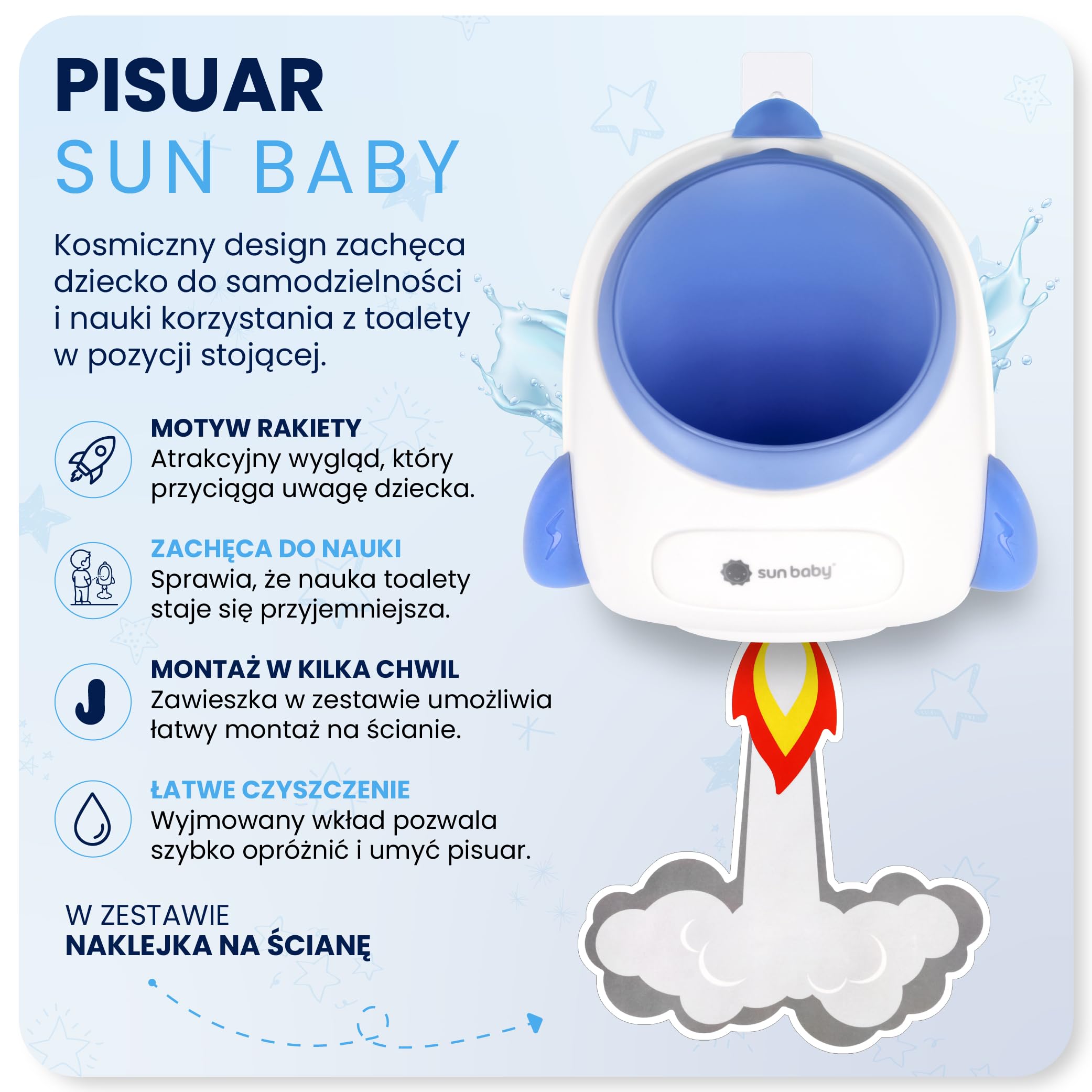 SUN BABY Rakieta Pisuar dla Chłopców Wiszący do Nauki Korzystania z Toalety, Wyjmowany Wkład, Montaż na Ścianie, Łatwe Czyszczenie - Biało-Niebieski