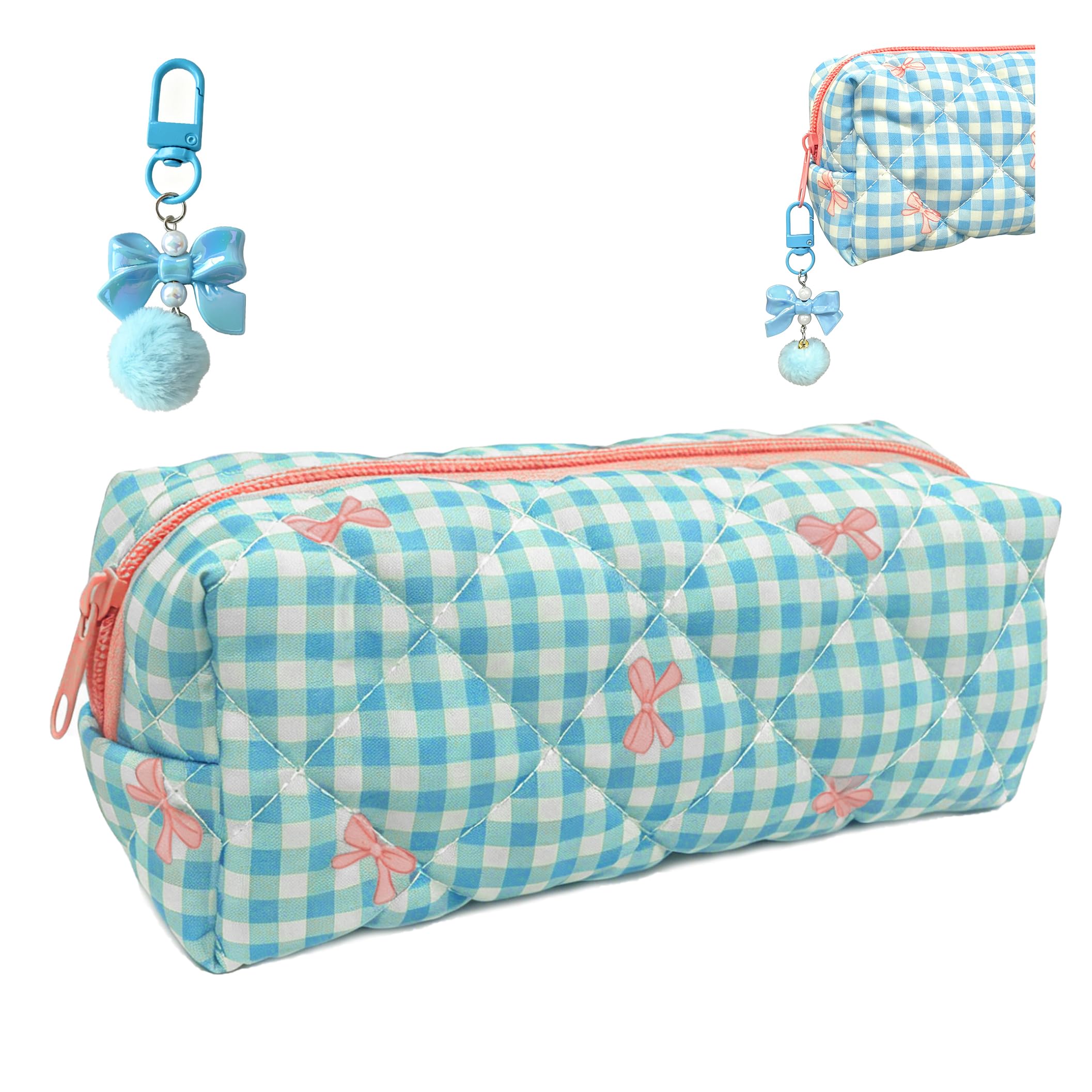 ZJEEACO Pencil Case for Girls, Cute Pink Bow Pencil Cases with Keychain, Portable Aesthetic Fabric Pencil Pouch, Special Preppy Zip-up Pencilcase, Coquette Quilted Pencil Case for School Office