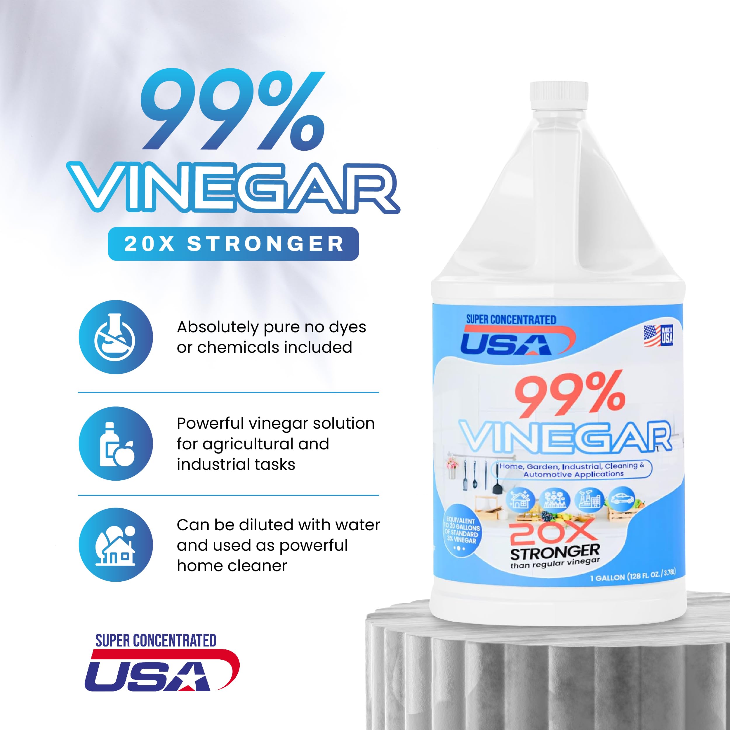 Super Concentrated USA 99% Pure Vinegar - Dilutes to 20 Gallons - 20x Power Industrial Cleaning Vinegar - 1 Gallon Concentrated Cleaner (99% Concentrated)