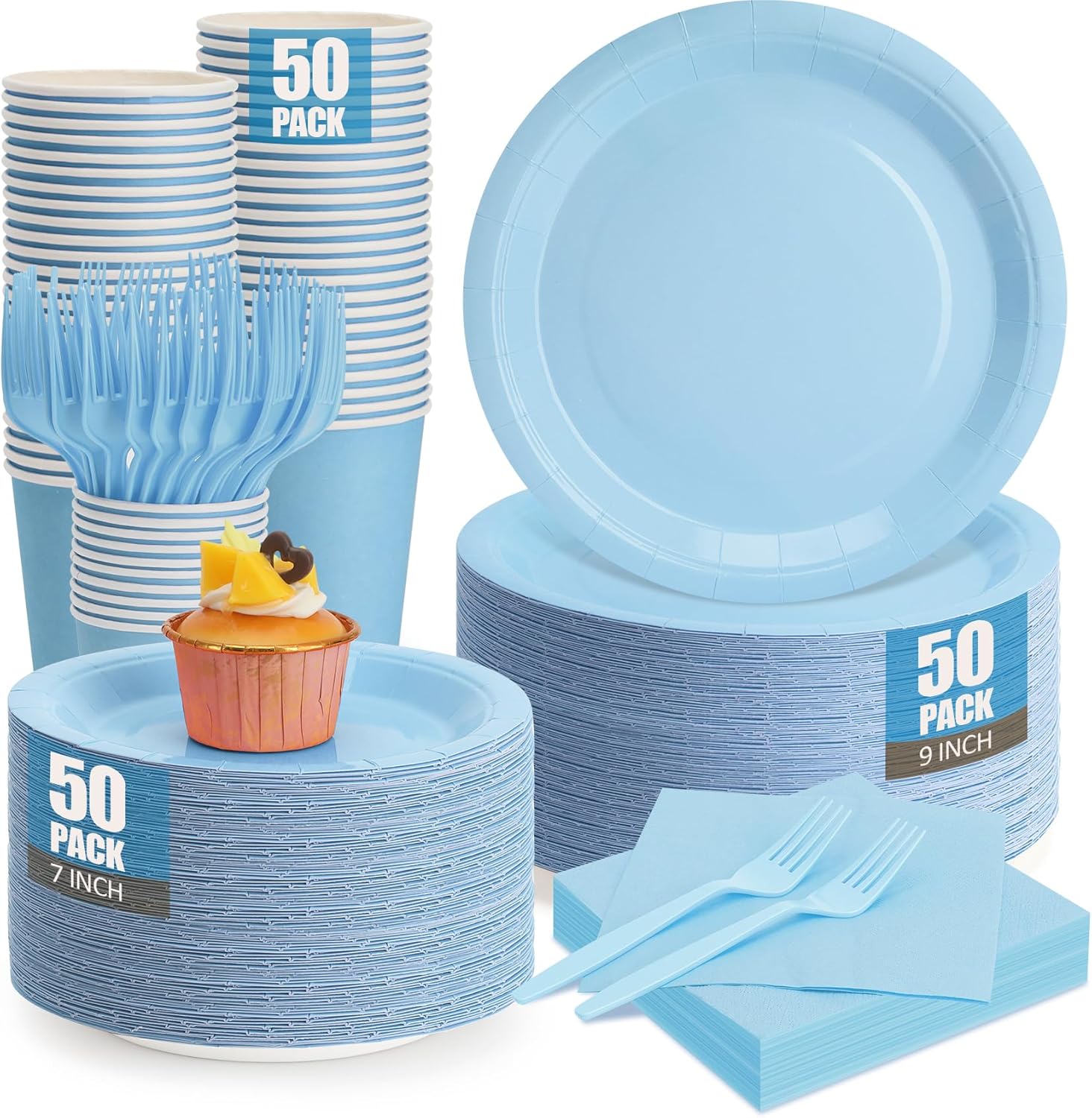 250Pcs Light Blue Paper Plates and Napkins Supplies Include 9Paper Party Plates, 7Dessert Plate Cups Napkins Forks for Baby Shower, Wedding, Birthday, Serves 50