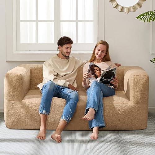 Miniatura 3 de Homguava Puf gigante de gran tamaño, relleno de espuma viscoelástica con funda de peluche de sherpa suave y reposabrazos anchos para adultos en sala