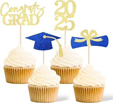 Gexolenu Class of 2025 Graduation Decoration Party Cupcake Toppers, Double-sided Grad Cap Cake Toppers for Graduation Party Supplies 24 pcs, Gold & Blue