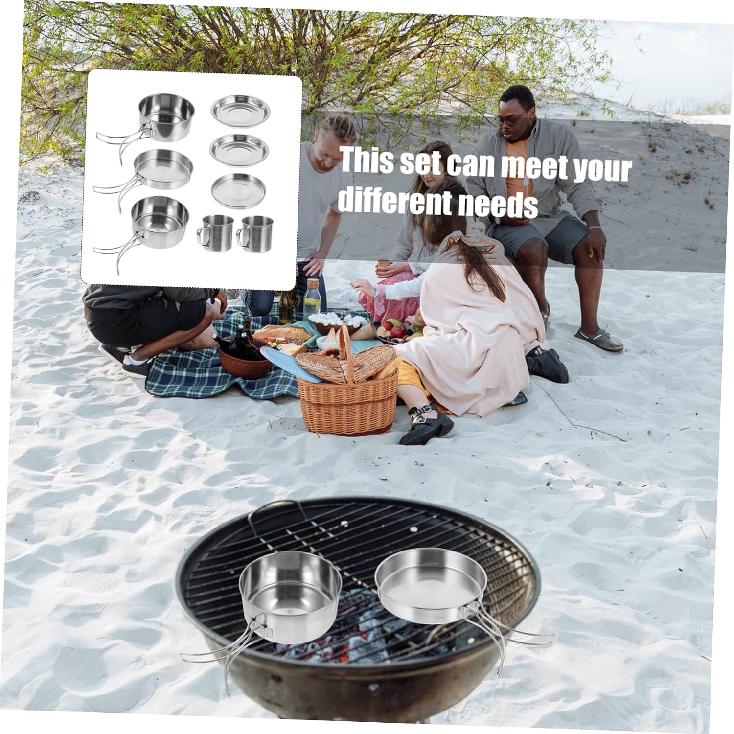 LIOOBO 1 Set Stainless Steel Outdoor Camping Cookware Set Cooking Pans Utensils for Hiking Picnic Camping