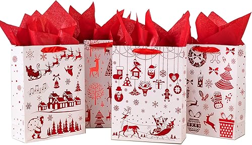 OfficeCastle Paquete de 4 bolsas grandes de regalo de Navidad con papel de seda rojo, bolsas de regalo de papel kraft de 13 pulgadas con asas,