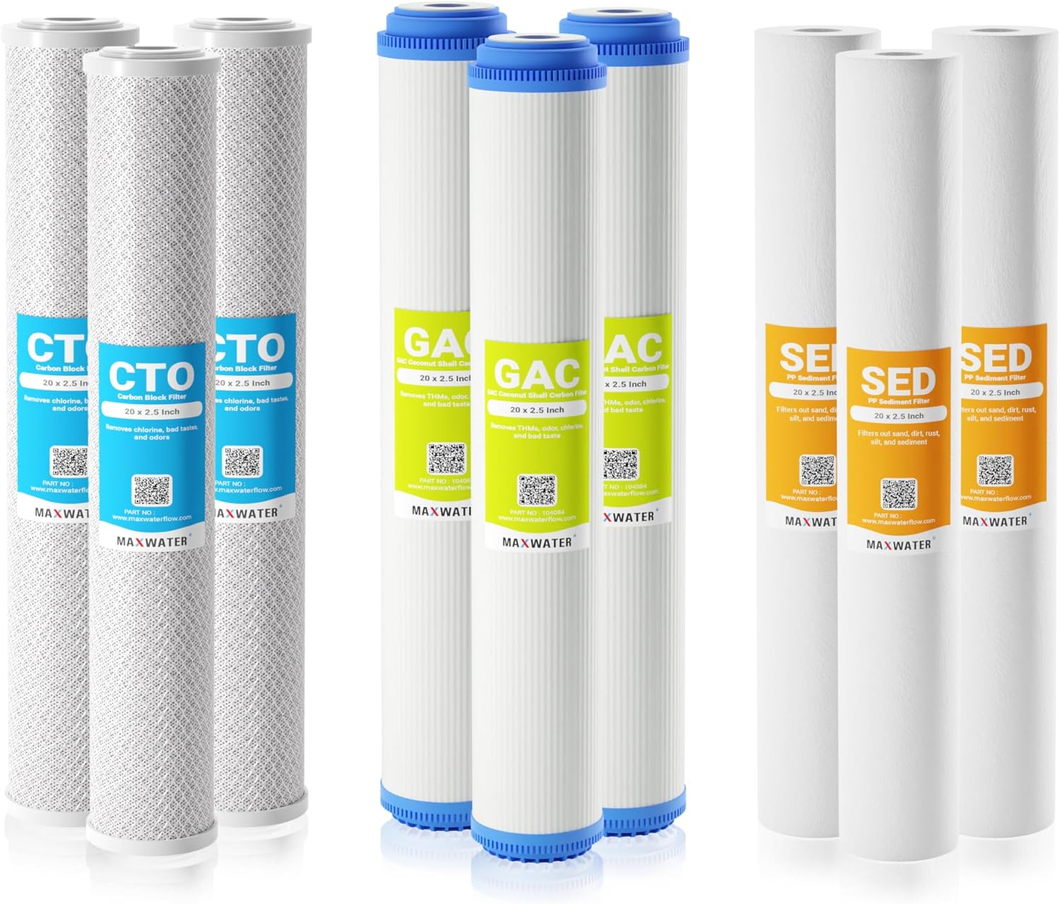 (9 Pack) Max Water Whole House Water Filter Set 20" x 2.5" Polypropylene Sediment, GAC Carbon, CTO Carbon Set compatible with most Slim Blue Whole House systems