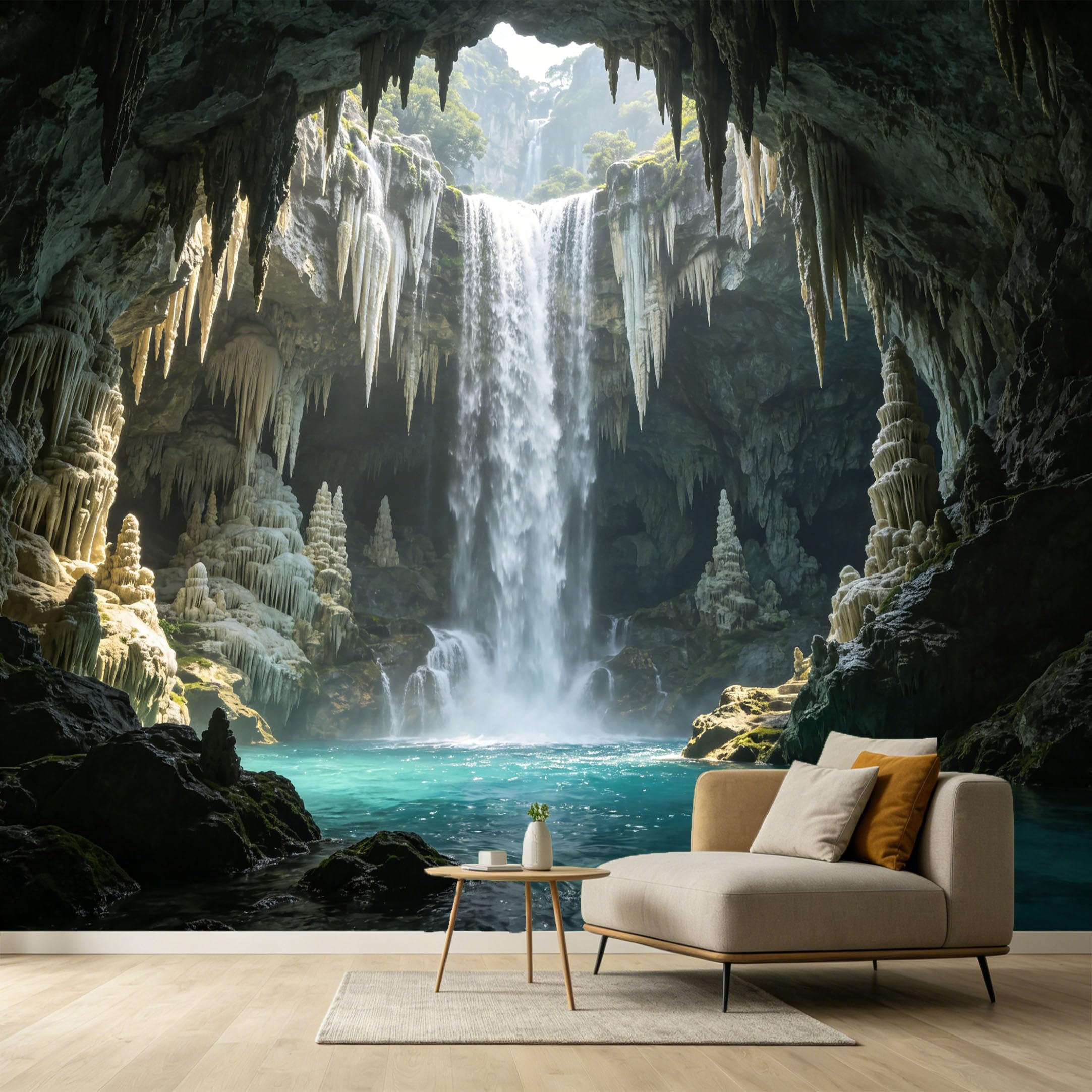 Custom Size Wall Murals Waterfall Cave Landscape 3D Trompe L'Oeil Stalactite Stalagmite SelfAdhesive Wall Fabric Removable Large Wallpaper for Photo Living Room