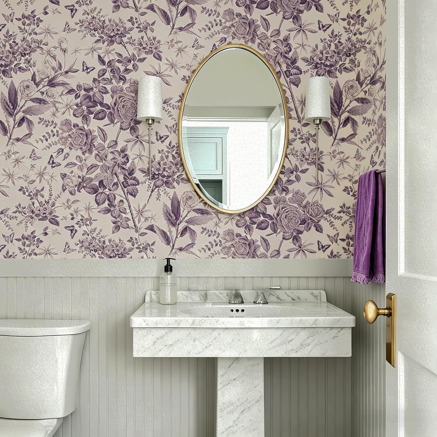 Purple Floral Peel and Stick Wallpaper - Removable Self-Adhesive Waterproof Vintage Flower Contact Paper with Rose & Butterfly Design for Cabinets, Living Room, Bedroom, Home Decor 17.3" x 118.1"
