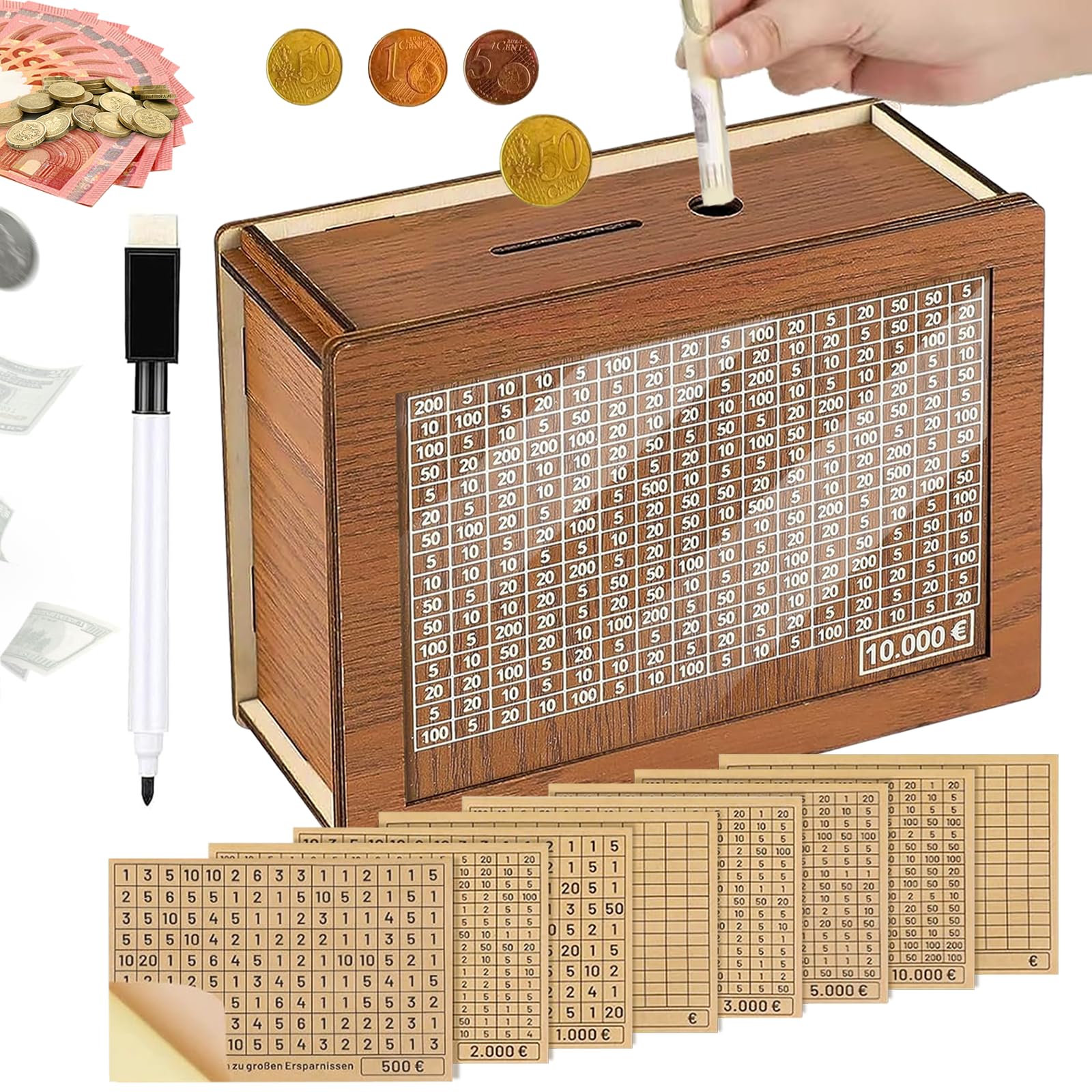 Salvadanaio in Legno,Riutilizzabile Salvadanaio con Contatore e 1 Pennarello,Money Box Retrò Scatola di Risparmio con Numeri Obiettivi di Risparmio e Importi da Spuntare,Obiettivo di Risparmio 5000