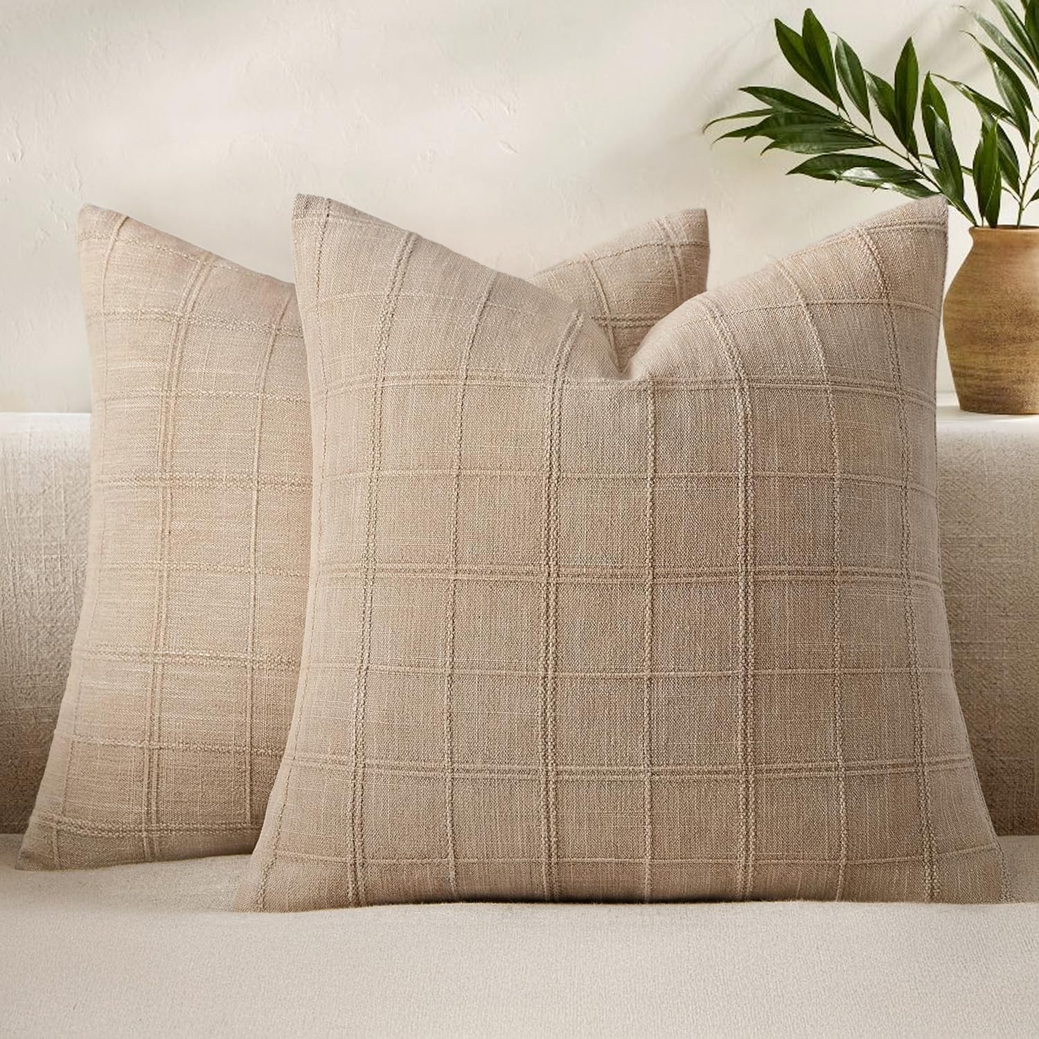 Woaboy Linen Check Throw Pillow Covers Set of 2 - Light Brown Farmhouse Modern Boho Vintage Decorative Cushion Covers for Sofa Couch Bedroom Living Room Decor 18x18 Inch