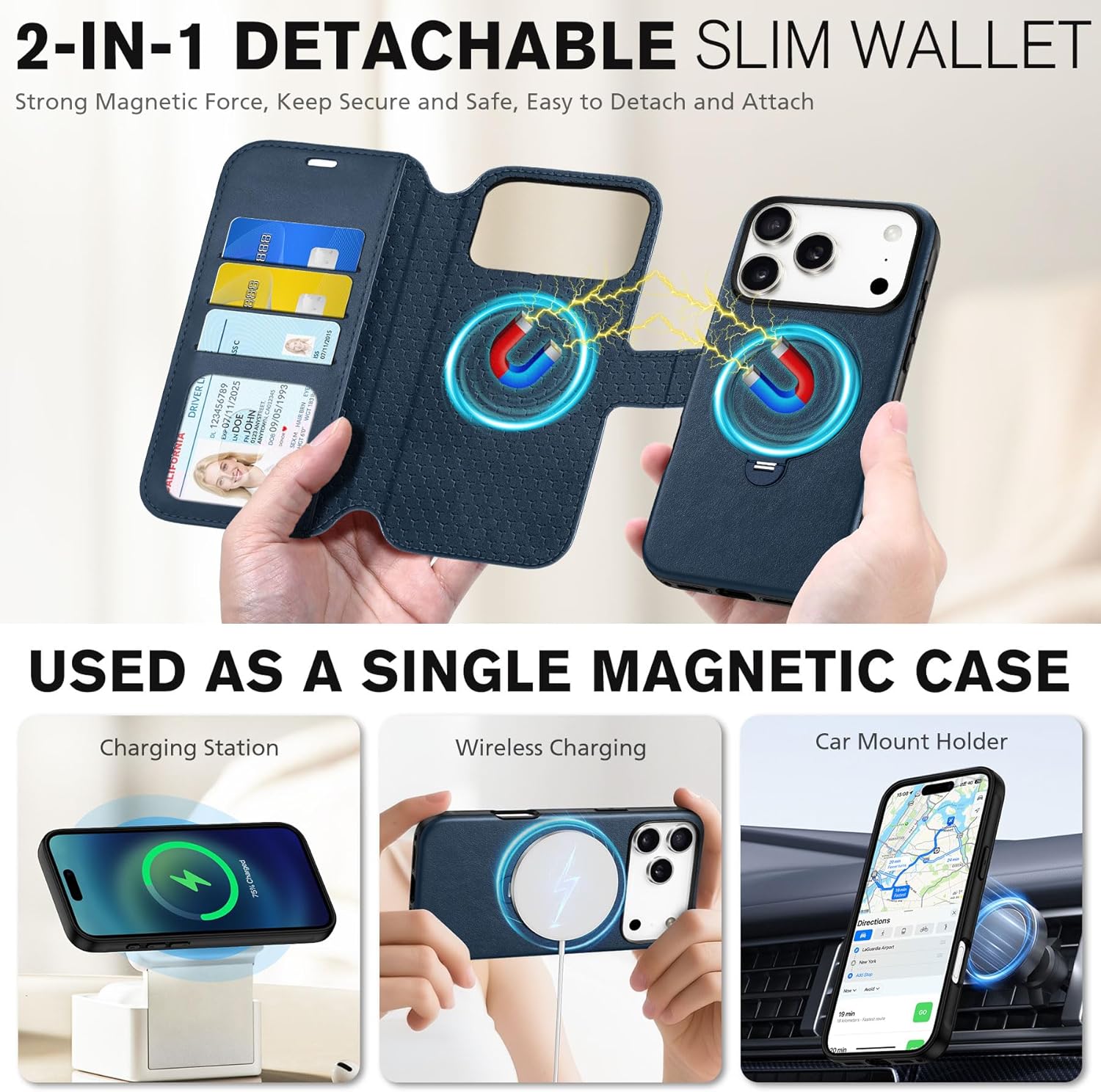 TUCCH Removable Wallet Case for iPhone 17 Pro 6.3", Wireless Charging RFID Blocking 3 Card Slots, Adjustable 360° Rotating Ring Stand, Slim 2-in-1 Magnetic PU Leather Protective Flip Cover, Dark Blue