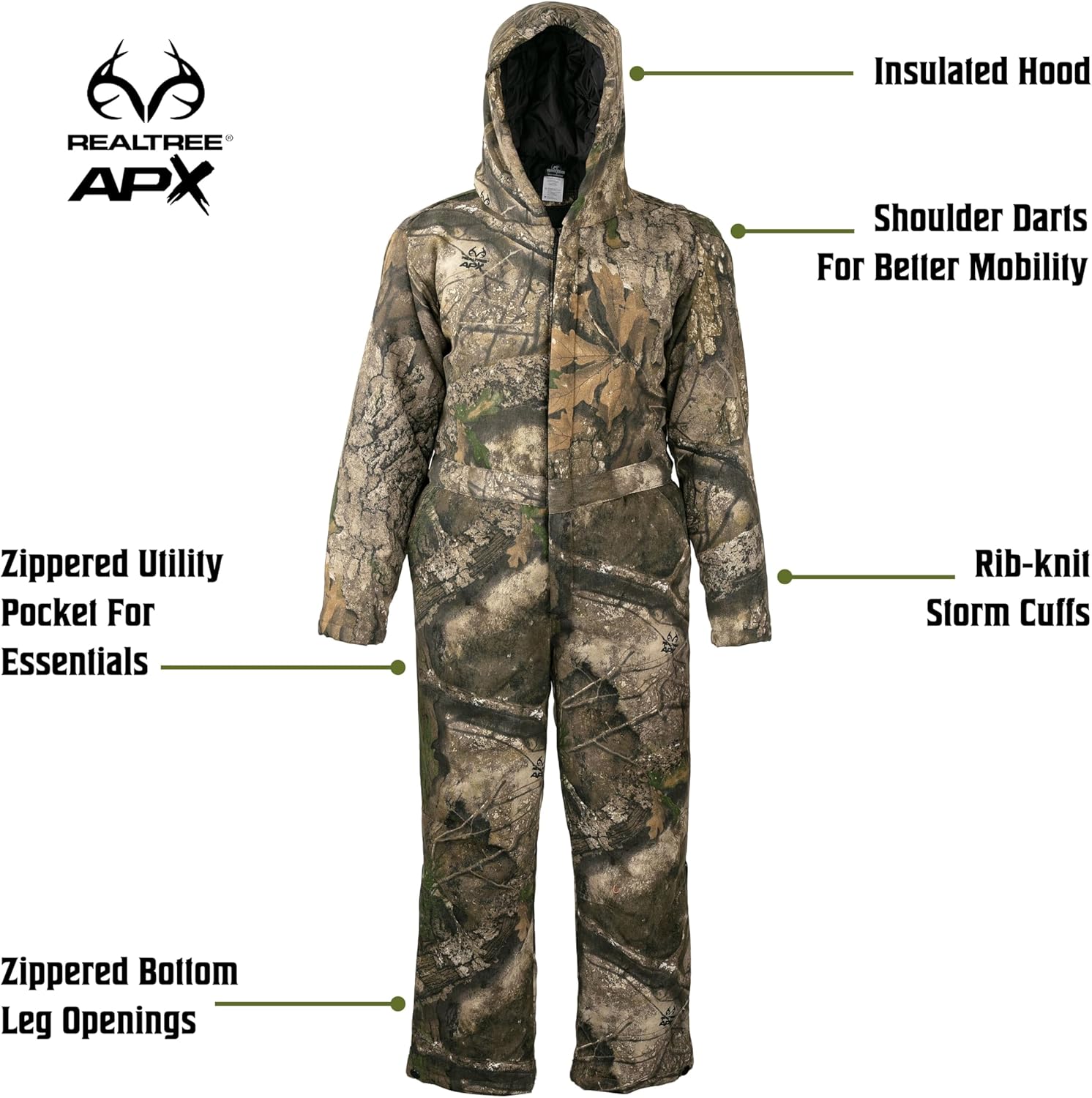 Kids Insulated Coverall with Hood - Mossy Oak Camo, Warm Hunting Suit for Kids with Zip Pockets & Storm Cuffs