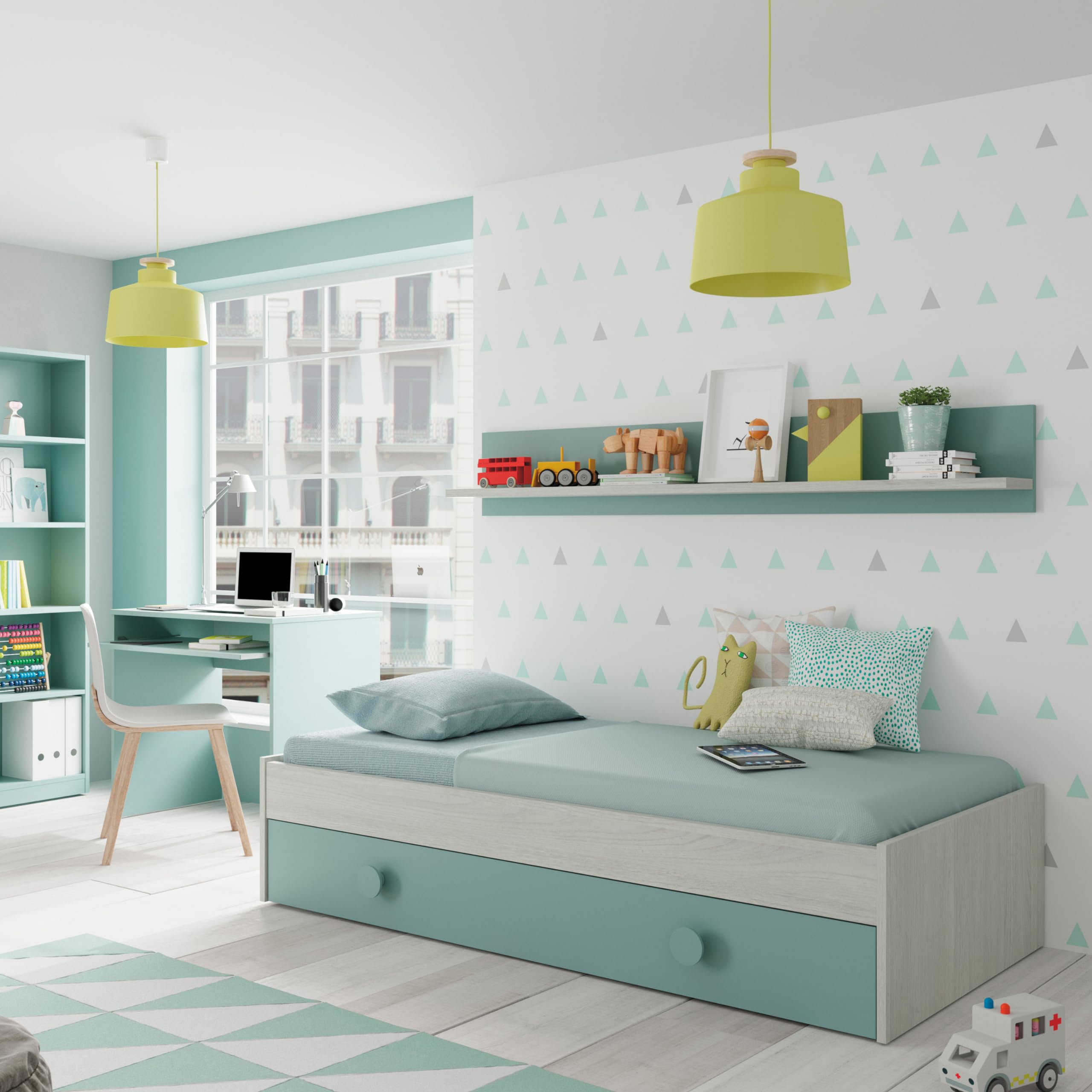 Habitdesign Cama Nido Juvenil Kendra, Conjunto 2 Camas + Estante de Pared, Dormitorio Infantil para Niños, Color Blanco Alpes y Verde Acqua, Medidas: 201x43x98 cm