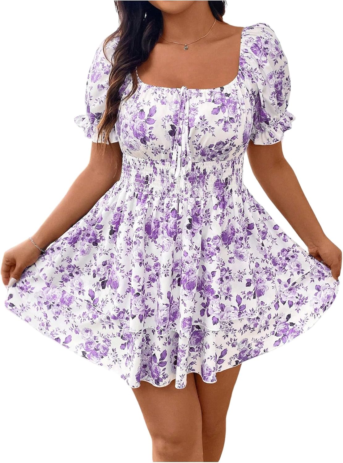 WDIRARA Women's Plus Size Floral Print Square Neck Puff Short Sleeve Dress Layered Ruffle Hem A Line Dresses