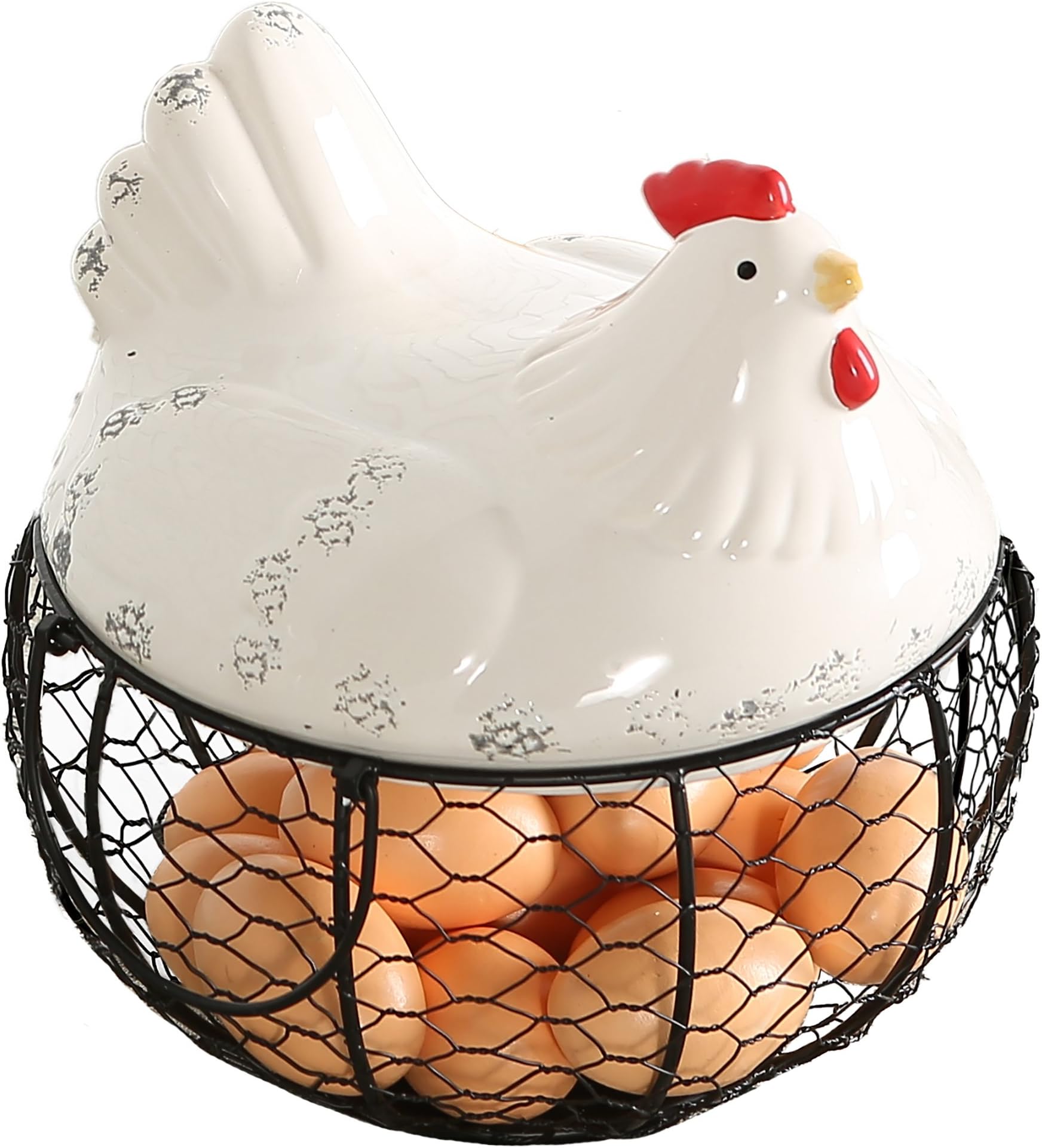 Black Metal Mesh Wire Egg Storage Basket with White Ceramic Farm Chicken Top and Handles