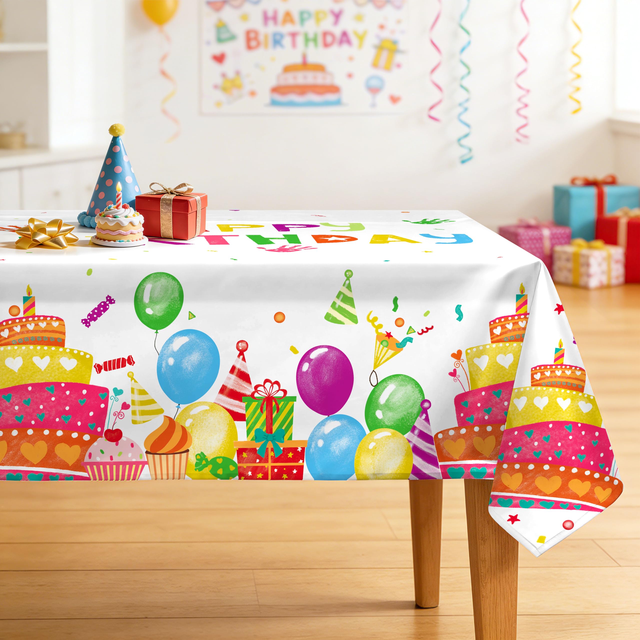 Arquiel Birthday Tablecloth Waterproof, Happy Birthday Cake Reusable Table Cloth Rectangle Stain Resistant, Washable Table Cover for Home Kitchen Dining Party Decoration (152x213cm) — image 1