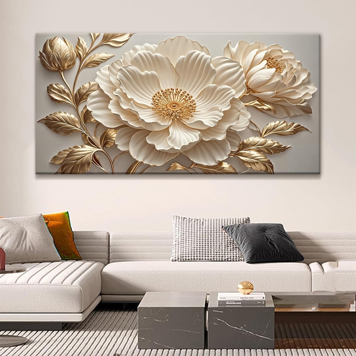 QSQ Large Wall Art For Living Room Modern Canvas Art Wall Decor Prints 29 X 58 Inches White Flower Wall Art Gold Elegant Flower Painting Picture For Bedroom Hotel Office Home Decor Artwork