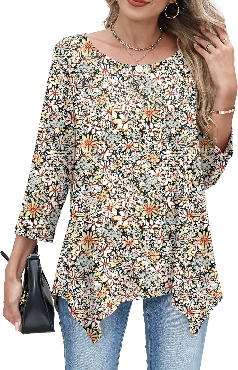 AKEWEI 3/4 Length Sleeve Womens Tunic Tops Loose Fit Blouses Dressy Casual Crew Neck Tees S-3XL - Image 4