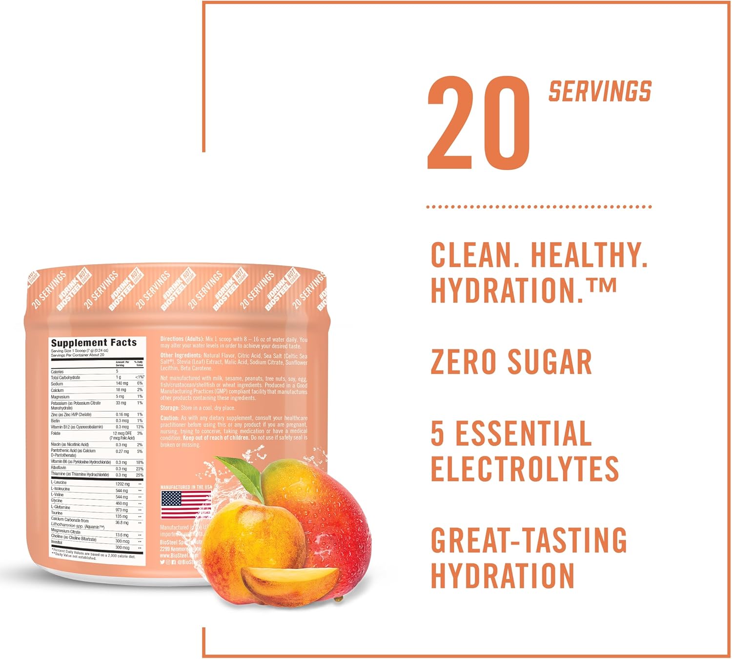 BioSteel Zero Sugar Hydration Mix, Great Tasting Hydration with 5 Essential Electrolytes, Peach Mango Flavor, 20 Servings per Tub