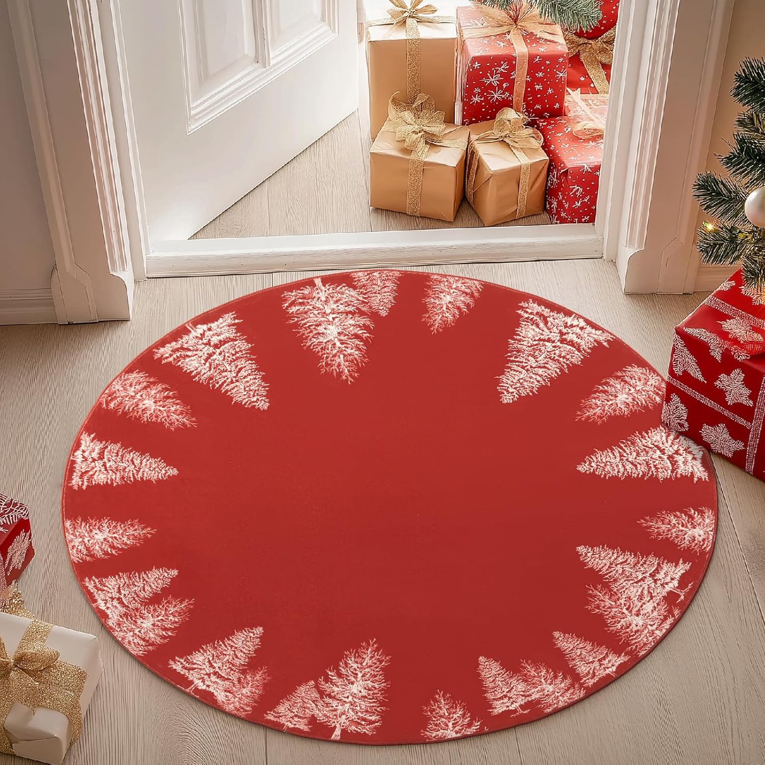 jinchan Christmas Round Rug 3ft Area Rug Red Xmas Tree Rug Washable Rug Circle Rug Round Non Slip Soft Rug Holiday Decor for Kitchen Bedroom Foyer Nursery Living Room Entryway(Red,3ft Round) 3' Round Red