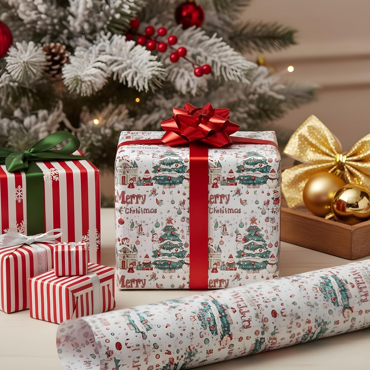Hopepak Peel and Stick Wallpaper Merry Christmas Pattern with Tree Snowman Contact Paper Removable Self Adhesive Vinyl Christmas Decor Wall Paper for Countertop Cabinets Drawers Furniture 17" x 118"