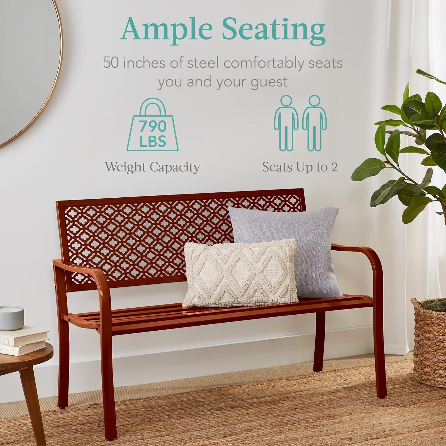 Rust Steel 2-Person Outdoor Bench with Geometric Backrest