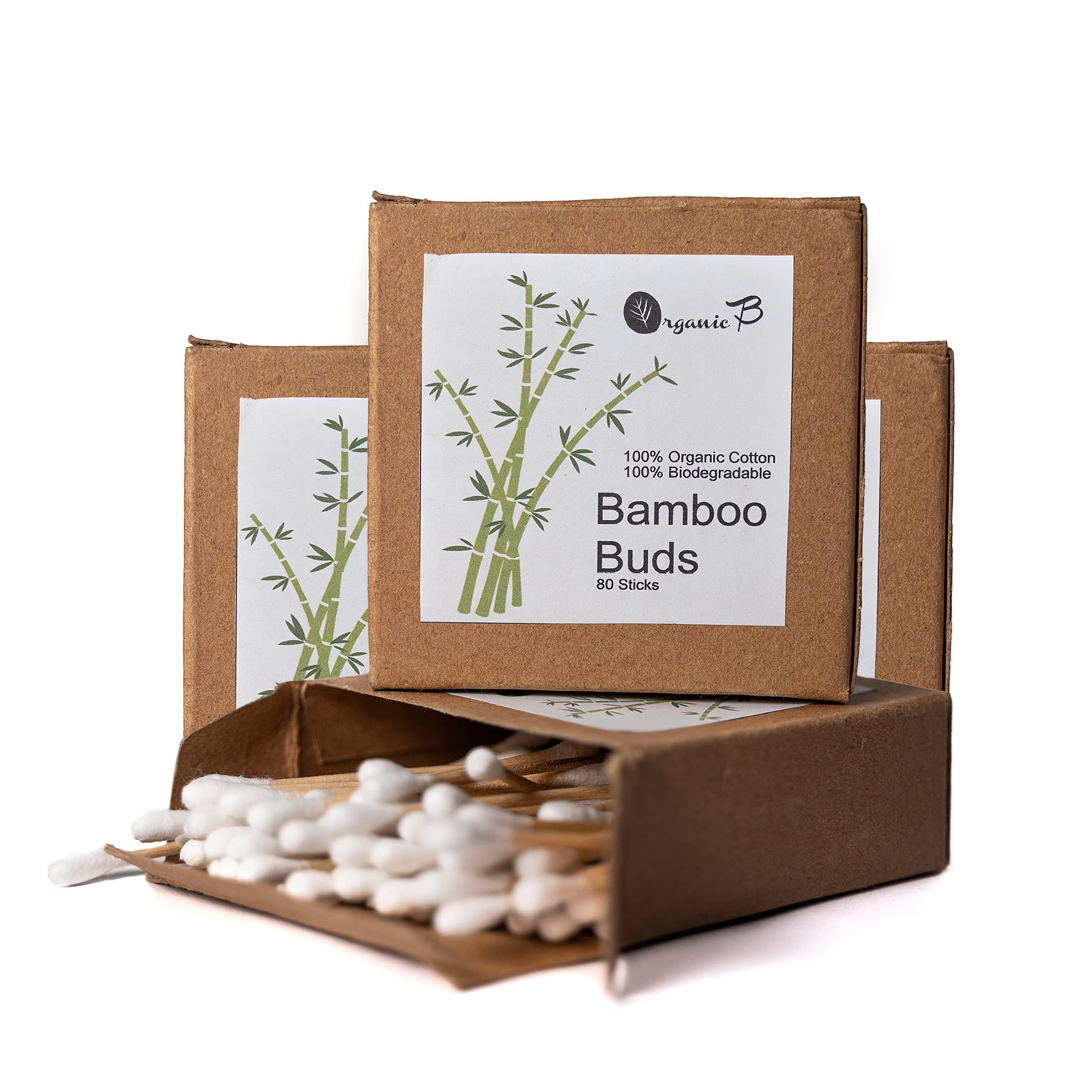 Organic B Bamboo Cotton Eco-Fresh Ear Swabs Buds For Adults & Kids Pack of 4 x 80 Pcs | Soft Double Tip Cotton with Natural Bamboo Sticks | Multipurpose Q-Tips, Makeup Apply, Ear Wax Removal Buds