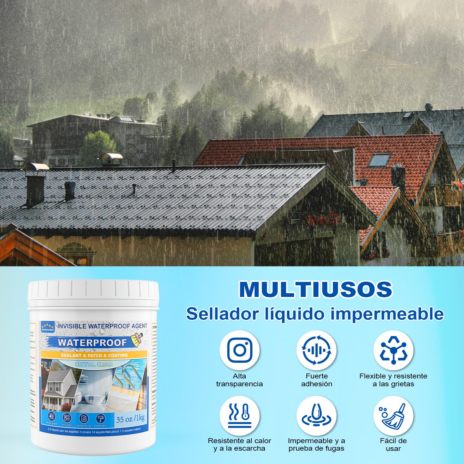 Sellador Líquido Impermeable 2KG, Revestimiento Impermeable | Impermeabilizante Transparente para Interior y Exterior | Antifugas para Baño, Cocina, Techo, Pared, Terraza y Balcón