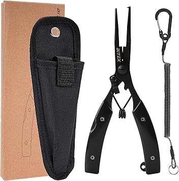 BiteX Fishing Pliers with Split Ring Tip, Titanium-Coated Stainless Steel, Braid Line Cutter, Hook Remover & Knot Tying Tool, Saltwater Resistant with Lanyard & Sheath