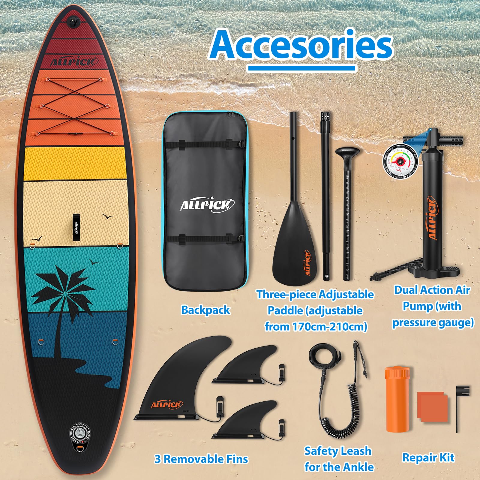 ALLPICK Premium SUP Board Set, Stand Up Paddling Board Aufblasbar, Mit Universal Kamerahalterung, Komplettes Zubehör, Verstellbares Paddel, 200kg