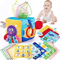 Hahaland Montessori Baby Tissue Box Toy 6-12 Months - Textured Tails, Crinkle Tissues, Squeaky Sounds, Mirror & Sensory Scarves for Fine Motor Skills